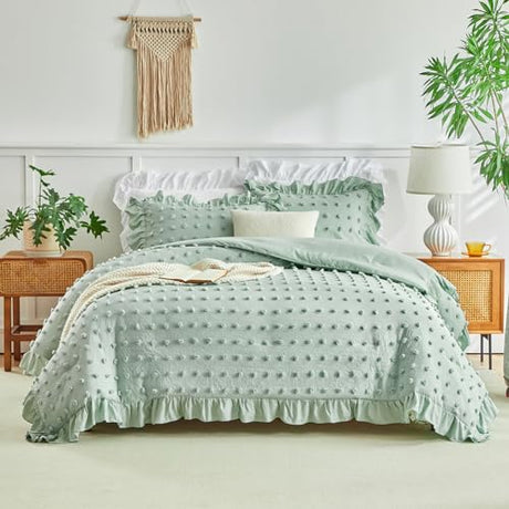 Tufted Dots Ruffle Comforter Set Full/Queen Size, 3 Pieces Sage Green Vintage Farmhouse Shabby Chic Comforters, Jacquard Boho Bohemian Bedding Set for All Season (1 Ruffled Comforter+ 2 Pillow Shams) Flysheep