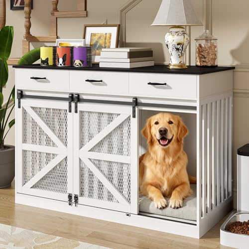 kepptory 48 Inch Large Dog Crate Furniture with 3 Storage Drawers, Wooden Pet Kennel with Removable Divider, Dog Kennel End Table TV Stand, Farmhouse Style Dog Crates with Sliding Barn Door (White) kepptory