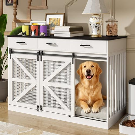 kepptory 48 Inch Large Dog Crate Furniture with 3 Storage Drawers, Wooden Pet Kennel with Removable Divider, Dog Kennel End Table TV Stand, Farmhouse Style Dog Crates with Sliding Barn Door (White) kepptory