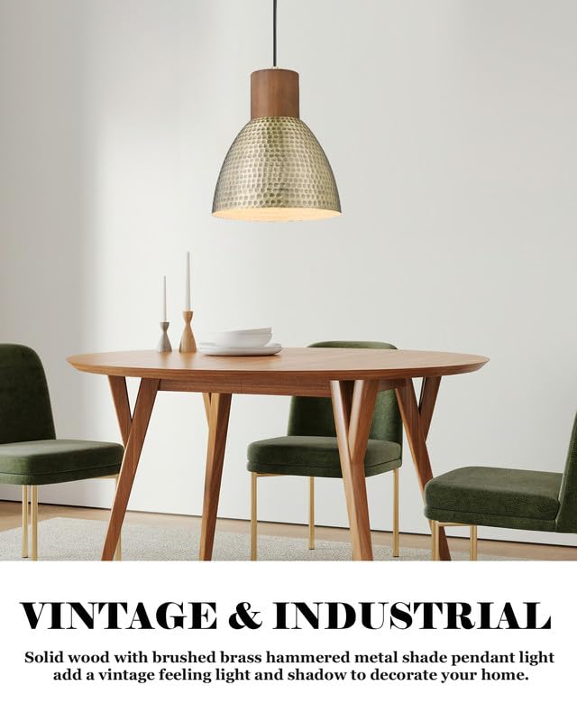 ELYONA Vintage Hammered Pendant Light Fixtures, 10.2” Industrial Metal Hanging Bar Lamp, Solid Wood Antique Gold Adjustable Pendant Light for Kitchen Island, Farmhouse, Dining Room, Brushed Brass ELYONA