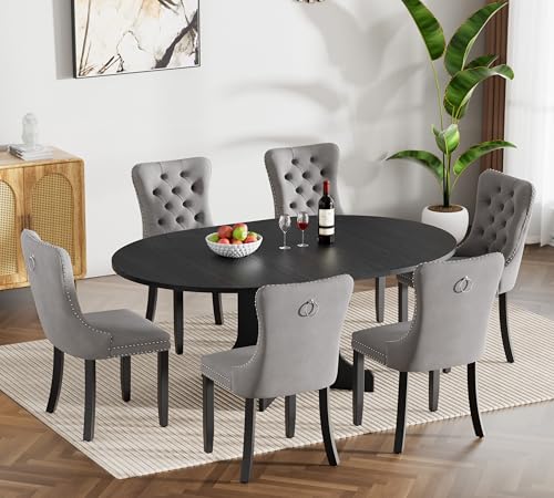 Maotifeys Modern 7-Piece Oval Extendable Dining Table Set for 6,Wood Expandable Kitchen Table Set with 6 Tufted Chairs,43"-59" Round Extendable Dining Room Tables with Pedestal Base Maotifeys