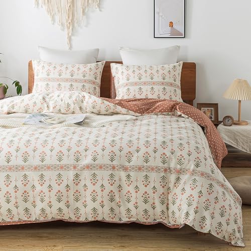 HoneiLife Queen Duvet Cover Set - Breathable 100% Cotton Floral 3pcs Wildflower Comforter Cover, with Zipper Closure and Corner Ties, Sweet Grass HoneiLife