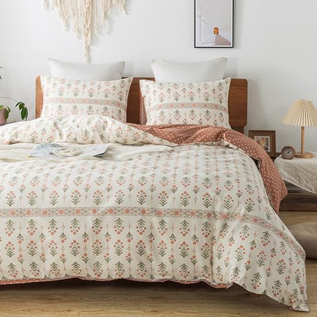 HoneiLife Queen Duvet Cover Set - Breathable 100% Cotton Floral 3pcs Wildflower Comforter Cover, with Zipper Closure and Corner Ties, Sweet Grass HoneiLife