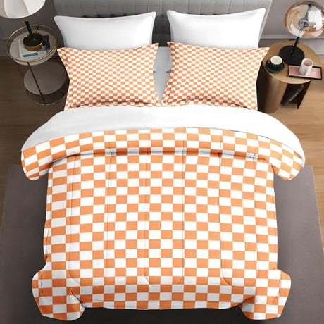 Checkered Plaid Dusty Orange Comforter Set 7 Pcs Full Size Quilt, Minimalist Trendy Bauhaus Checkerboard Grid Soft Bedding Set with Flat Fitted Sheet Pillowcases Sham for Adults Bedroom Bed Decor Nesphy