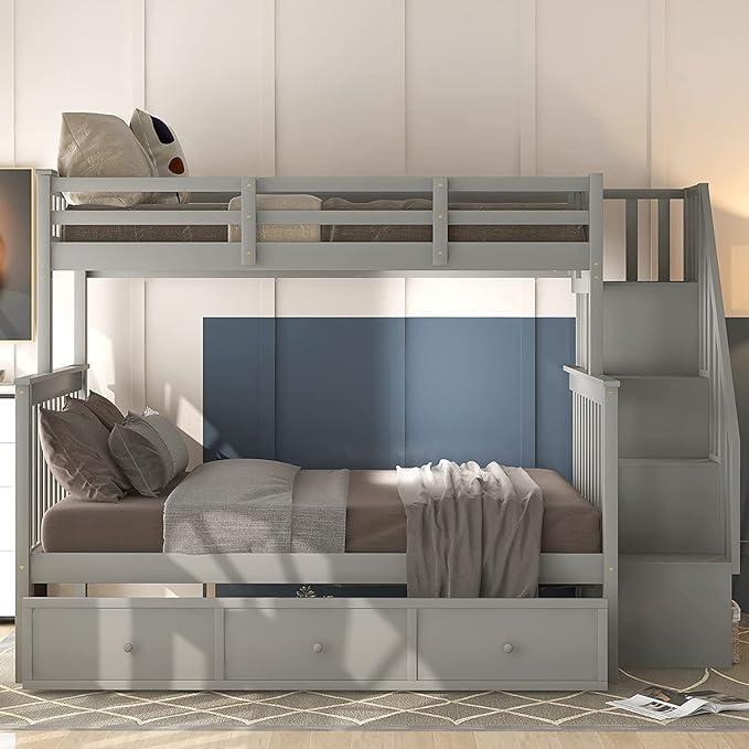 Harper & Bright Designs Twin Over Full Bunk Bed with Storage Stairway, Guard Rail, and Drawers - Grey - WoodArtSupply