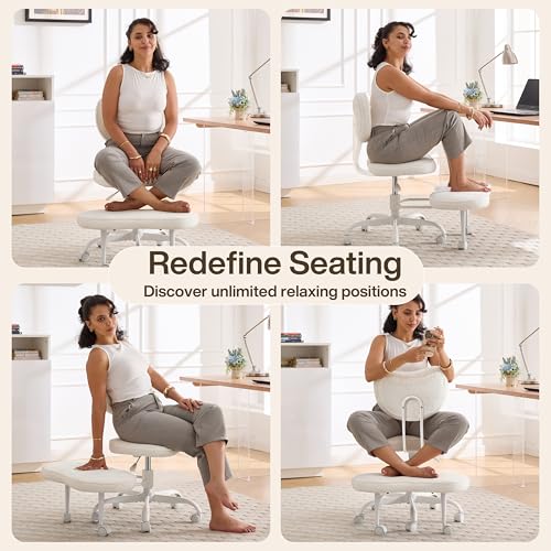 Fizzin Cross Legged Office Chair, Criss Cross Chair with Wheels Height Adjustable Seat for ADHD 360° Swivel Meditation Chair Chic Home Office Furniture (White-New) Fizzin