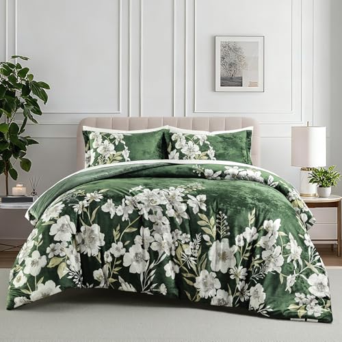 Sunshine Nicole Reversible Comforter Set, Printed Distressed Velvet Front and Sold Distressed Velvet Reverse, 3 Pieces Dark Green King, with Soft Polyester Fill Sunshine Nicole