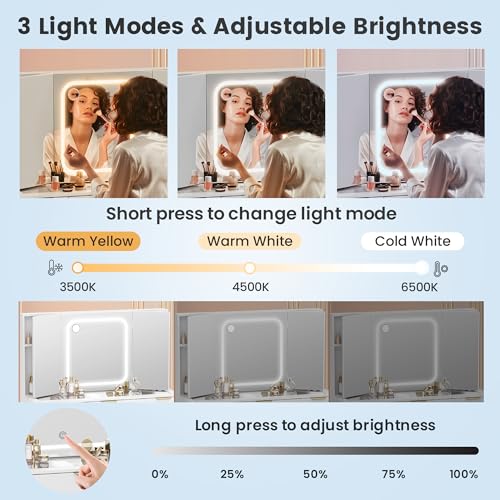 Fkhouse Glass Top Vanity Desk with Foldable Mirror and Lights, 11 Drawers Makeup Vanity with Charging Station, 3 Lighting Modes Dressing Table with Chair, White Fkhouse
