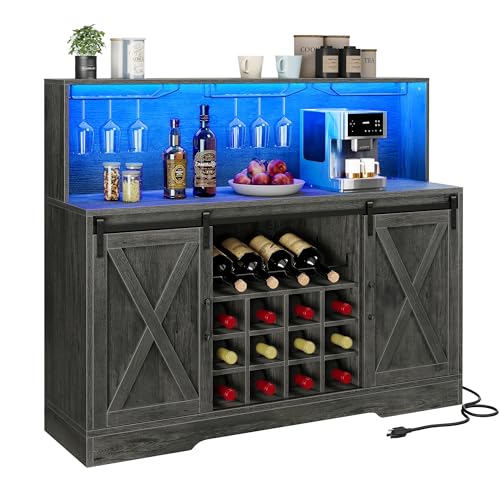 YITAHOME Farmhouse Coffee Bar Cabinet w/Power Outlets LED Lights 55" Sideboard Buffet Cabinet w/Sliding Barn Door Wine and Glass Rack Home Liquor Bar Cabinet with Storage Shelves for Kitchen, - WoodArtSupply