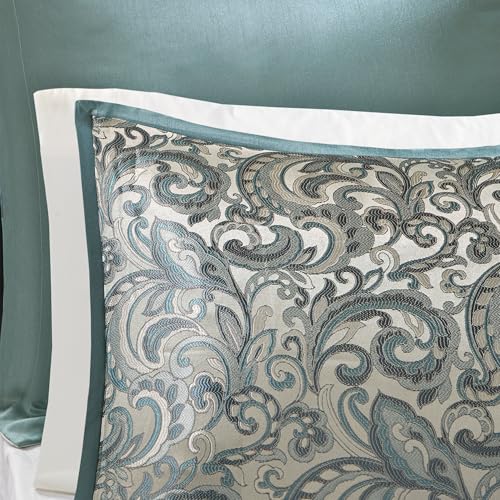 Madison Park 24 Piece Faux Silk Paisley Queen Comforter Set with Matching Curtains, Down Alternative Hypoallergenic - Teal, Queen (90 in x 90 in) Madison Park