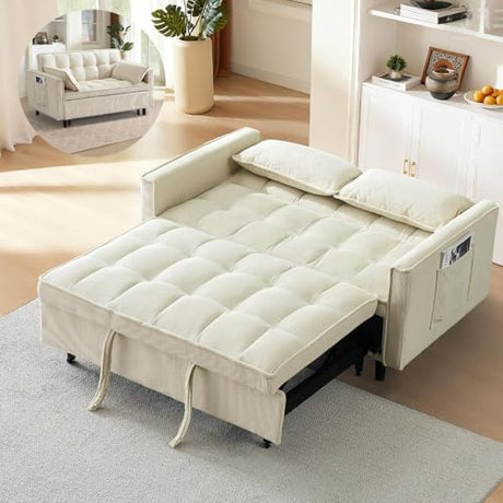 Anwick 3 in 1 Convertible Sofa Bed, Pull Out Couch Bed with Reclining Backrest and 2 Pillows, 54" Full Size Loveseat Sleeper Sofa Futon Couches Bed for Small Spaces, Living Room (Corduroy, Beige) Anwick