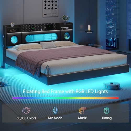 busyaeh California King Bed Frames, Floating Bed with Storage Headboard & LED Lights, Cal King Bed Frame with Headboard, Platform Bed No Box Spring Needed, Noise-Free, Easy Assembly, PU Black busyaeh