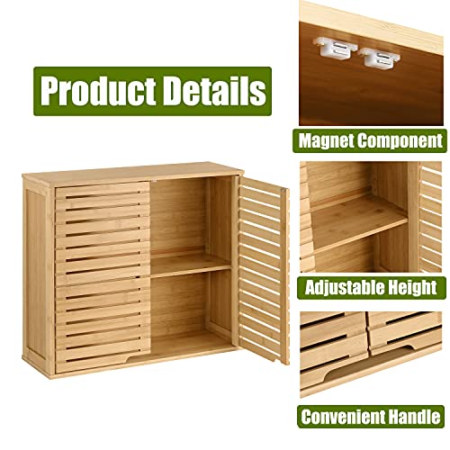 HYNAWIN Bamboo 2 Tier Bathroom Wall Cabinet with Adjustable Shelf, Double Door Cabinet for Bathroom, Living Room (20.28'' Height) HYNAWIN