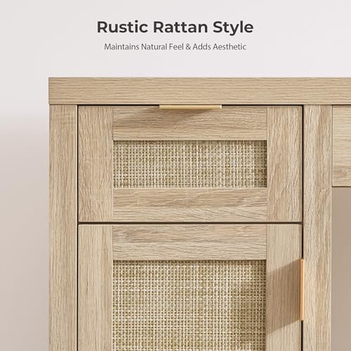 SICOTAS Rattan Vanity Home Office Desk - 52" Large Farmhouse Boho Makeup Vanity Dressing Table with 3 Drawers & 2 Storage Cabinets, Vanities Desk for Makeup Room, Bedroom, Home Office, Light Oak SICOTAS