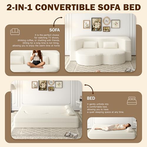 78" Twin Size Convertible Folding Sleeper Sofa Bed, Modern Corduroy Futon Sofa Bed with Pillow, Foam Mattress Loveseat Cloud Couch, No Assembly Floor Couches for Living Room, Playroom, Apartment Beige extrasleep