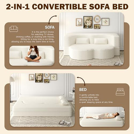 78" Twin Size Convertible Folding Sleeper Sofa Bed, Modern Corduroy Futon Sofa Bed with Pillow, Foam Mattress Loveseat Cloud Couch, No Assembly Floor Couches for Living Room, Playroom, Apartment Beige extrasleep