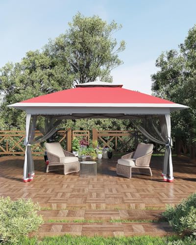 12x12FT Pop Up Gazebo, Instant Backyard Canopy Tent with Mosquito Net & Double Roof, Pop-Up Gazebo Canopies Adjustable Height for Patio, Party, Red SunnyFurn