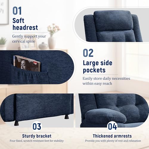 Korser Power Recliner Chair for Adults, Oversized Electric Recliner with Thickened Cushions, Chenille Fabric Reclining Chair for Living Room, Bedroom, Blue