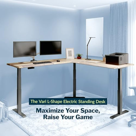 Vari ComfortEdge 80x80 L-Shape Electric Standing Desk – Height Adjustable Sit-Stand VariDesk for Corner Office with Reversible Left/Right Design + Reclaimed Wood Top/Slate Legs (Ships in 4 Boxes) Vari