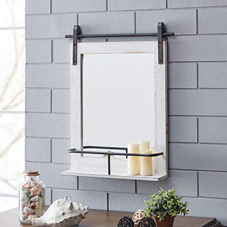 FirsTime & Co. Rustic White Ivywood Barn Door Wall Mirror With Shelf, Vintage Decor for Bedroom and Bathroom Vanity, Wood, Farmhouse, 24.75 x 19.75 Inches FirsTime & Co.