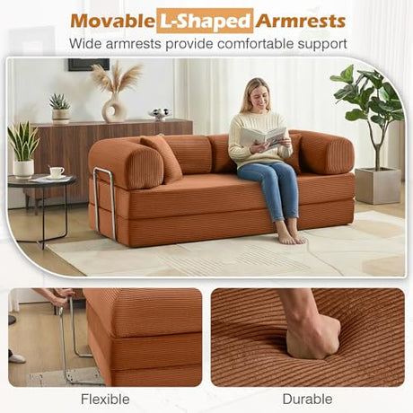 CozySpot Sofa Bed, 79" Convertible Sleeper Sofa with Pull Out Bed, 5-in-1 Folding Corduroy Futon Couch, Modular Loveseat Sofa Bed for Living Room, Bedroom & Apartment, Brown CozySpot