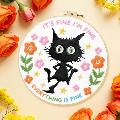INFUNLY 4 Sets Black Cat Embroidery Kit for Beginner Inspirational Embroidery Starter Kit 11.8x11.8 Everything is Fine Hand Stitching Needlework Set with Step-by-Step Instruction for Home Decor