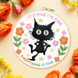 INFUNLY 4 Sets Black Cat Embroidery Kit for Beginner Inspirational Embroidery Starter Kit 11.8x11.8 Everything is Fine Hand Stitching Needlework Set with Step-by-Step Instruction for Home Decor
