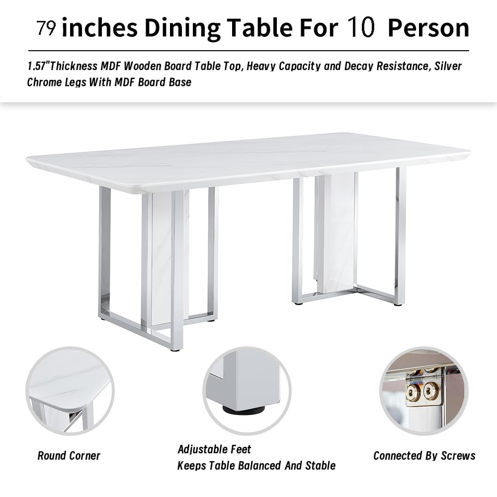 MEMUY 79" Modern Dining Table Set for 8,Faux Marble Dining Room Table Top with Silver Metal Pedestal, Glossy White Kitchen Room Table Set for 8-10 Person,Dining Room Table with 8 White Chairs MEMUY