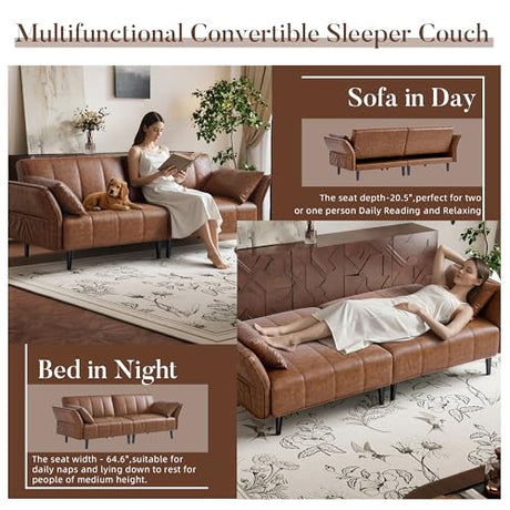 hausway 76.4" Leather Loveseat Sofa,Mid Century Modern Convertible Faux Leather Futon Couch with Adjustable Backrest&Armrest,Wooden&Steel Frame for Living Room,Apartment,Office,Space-Saving,Brown hausway