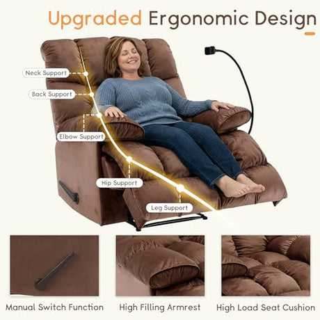 Cooexult Oversized Recliner Chair for Living Room, Extra Wide Manual Recliner for Big Man, Soft Velvet Fabric Recliner Sofa with Phone Holder for Living Room, Bedroom and Home Theater, Brown Cooexult