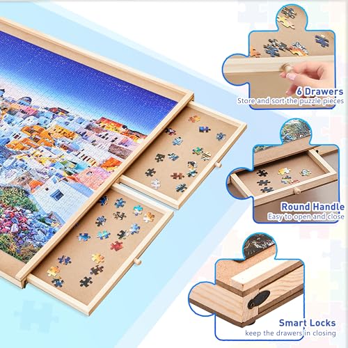 Qiqidog 1500 Pieces Puzzle Table with Legs, Cover and 6 Drawers, 27'' × 35'' Wooden Jigsaw Puzzle Board for Adults