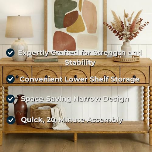 SAND STONE HOME Pembroke 58” Cottage Sofa Console Table with Drawers & Lower Shelf Storage, Narrow Entryway Table or Dining Server with Levelers | Prairie Oak Natural SAND STONE HOME