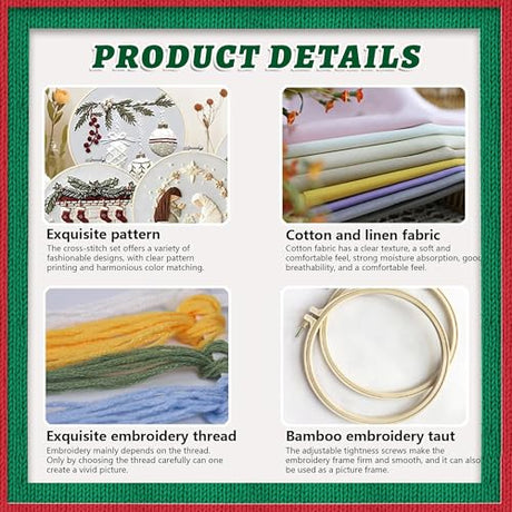 QBQBQ 4 Sets Christmas Embroidery Kits for Adults, Embroidery Kit for Beginners, Cross Stitch Kits for Beginners with Pattern, Needles, Threads, Tools (Christmas Kits B) QBQBQ