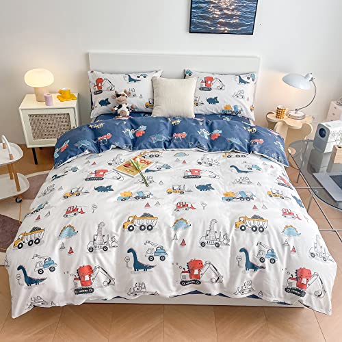 Dinosaur Kids Duvet Cover Set Twin, 100% Cotton Dino Truck Car Bedding Set for Boys Girls Toddler, 2 Pieces Reversible Dinosaur Comforter Cover Set (1 Duvet Cover+1 Pillowcase) DJY