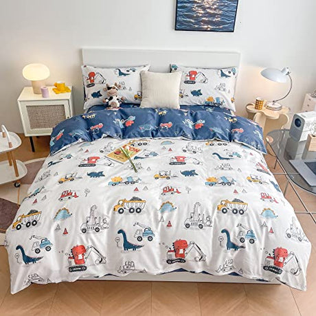 Dinosaur Kids Duvet Cover Set Twin, 100% Cotton Dino Truck Car Bedding Set for Boys Girls Toddler, 2 Pieces Reversible Dinosaur Comforter Cover Set (1 Duvet Cover+1 Pillowcase) DJY