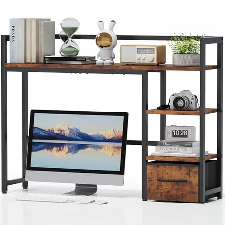 Marbrasse Desk Shelf with Drawer, 40" Desk Hutch for Computer Monitor, Wooden Desktop Bookshelf Storage Rack for Home Office Dorm - Dark Brown Marbrasse