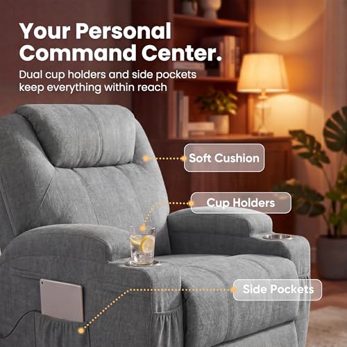 JUMMICO Small Swivel Rocker Recliner, 360 Rocking Chair Recliner with Massage, Upholstered Fabric Rocker Recliner with Cup Holder for Living Room, Bedroom, Nursery (Gray)