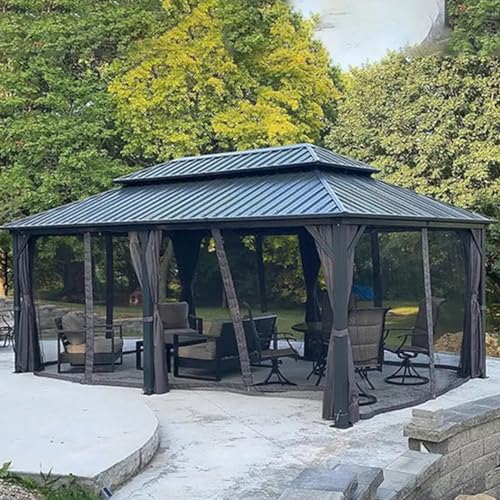 Domi Hardtop Gazebo 12x18FT, Aluminum Metal Gazebo with Galvanized Steel Double Roof Canopy, Curtain and Netting, Permanent Gazebo Pavilion for Patio, Backyard, Deck and Lawn, Grey domi outdoor living