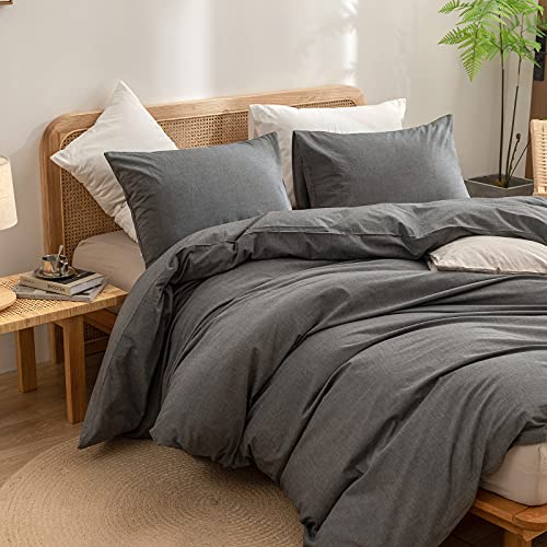 BESTOUCH Duvet Cover Set 100% Washed Cotton Linen Feel Super Soft Comfortable Chic Lightweight 2 PCs Home Bedding Set Solid Dark Grey Twin/Twin XL BESTOUCH