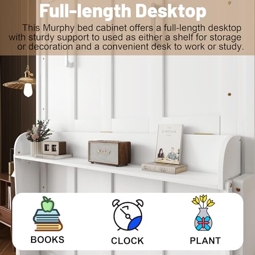 MoproBeti Wood Murphy Bed Queen Size, Space-Saving Hidden Foldable Wall Bed with Storage Shelf and Gas Struts for Bedroom,Guest Room,Home Office, Gym,No Box Spring Needed, White MoproBeti