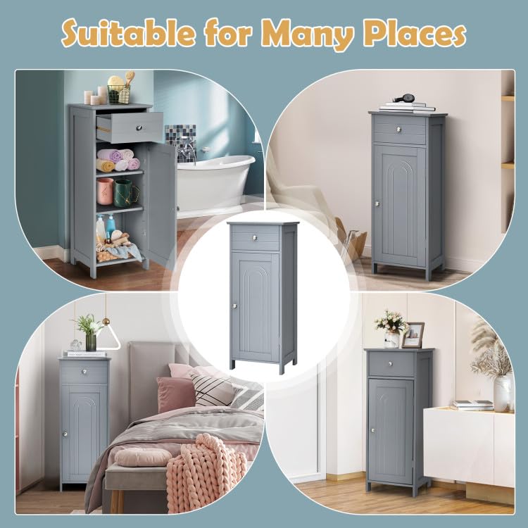 GOFLAME Freestanding Grey Bathroom Storage Cabinet with Large Drawer and Adjustable Shelves GOFLAME