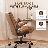 COMHOMA Office Chair 400lbs, Home Desk Chair with Flip-up Arms and Ergonomic Back - Heavy Duty PU Leather Executive Chair for Home Office Gaming, Brown COMHOMA