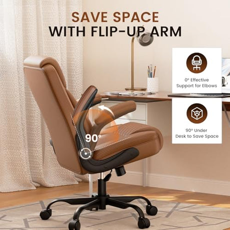 COMHOMA Office Chair 400lbs, Home Desk Chair with Flip-up Arms and Ergonomic Back - Heavy Duty PU Leather Executive Chair for Home Office Gaming, Brown COMHOMA