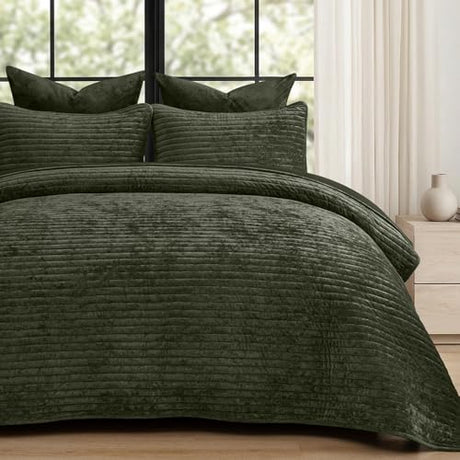 PHF Luxury Velvet Quilt Set Twin Size – 2PCS Ultra Soft Quilted Comforter Alternative with Striped Channel, Cozy Quilted Bedspread, 1 Coverlet with 1 Matching Sham, 68" x 92", Smokey Olive PHF
