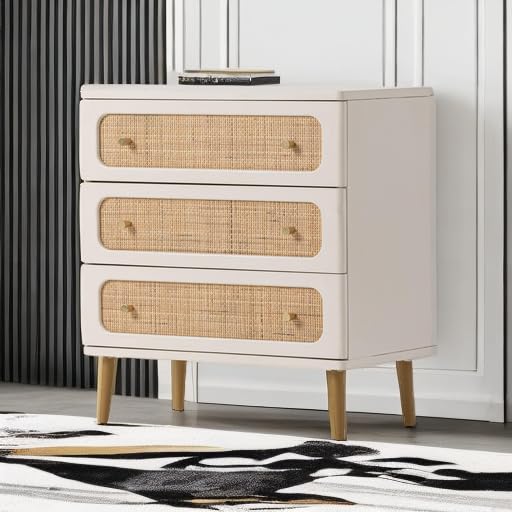 LONYKE Wicker Rattan Chest of Drawers, 3-Drawer Dresser, White Finish Wooden Storage Cabinet, Modern Farmhouse Accent Table, Boho Mid-Century Coastal Sideboard LONYKE
