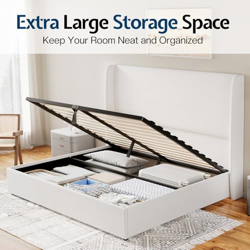 Jocisland Queen Size Bed Frame Lift Up Storage Bed Linen Upholstered Bed Frame with Hydraulic Storage/Wingback Headboard/No Box Spring Needed/White Jocisland