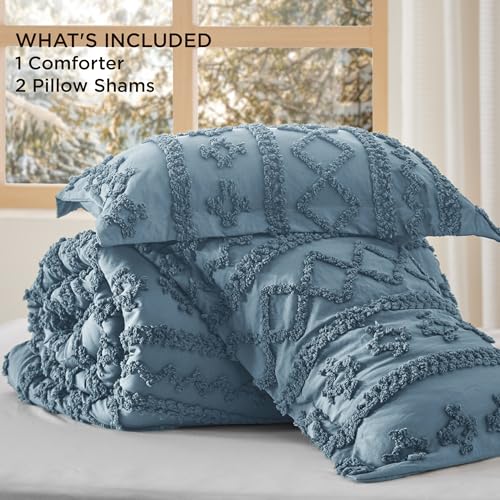 Bedsure Tufted Boho Comforter Set Queen Size - Dusty Blue Boho Bed Set, GentleSoft™ 3 Pieces Farmhouse Shabby Chic Embroidery Bedding, Gifts for Woman, Soft Jacquard Queen Comforter for All Seasons Bedsure