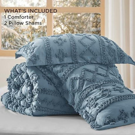 Bedsure Tufted Boho Comforter Set Queen Size - Dusty Blue Boho Bed Set, GentleSoft™ 3 Pieces Farmhouse Shabby Chic Embroidery Bedding, Gifts for Woman, Soft Jacquard Queen Comforter for All Seasons Bedsure