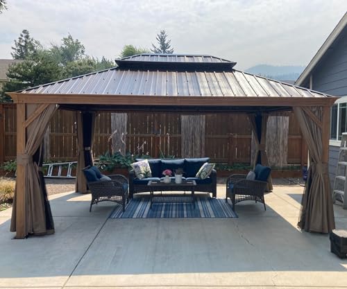 12’ x 16’ Hardtop Gazebo Outdoor Aluminum Wood Grain Gazebos with Galvanized Steel Double Canopy for Patios Deck Backyard,Curtains&Netting by domi outdoor living - WoodArtSupply