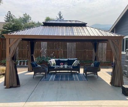 12’ x 16’ Hardtop Gazebo Outdoor Aluminum Wood Grain Gazebos with Galvanized Steel Double Canopy for Patios Deck Backyard,Curtains&Netting by domi outdoor living - WoodArtSupply